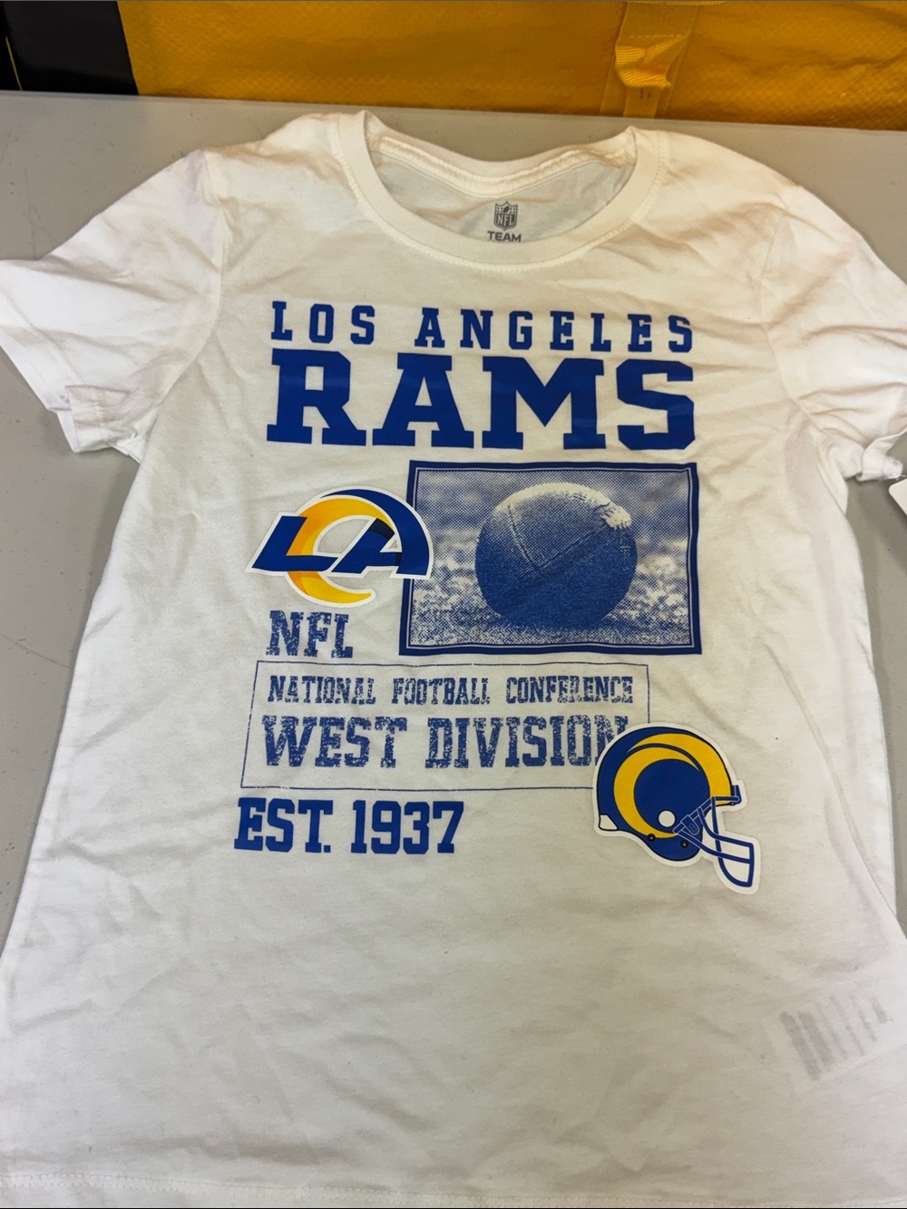 Los Angeles Rams White Graphic Tee - Blue & Yellow size large 10/12 fitted shirt